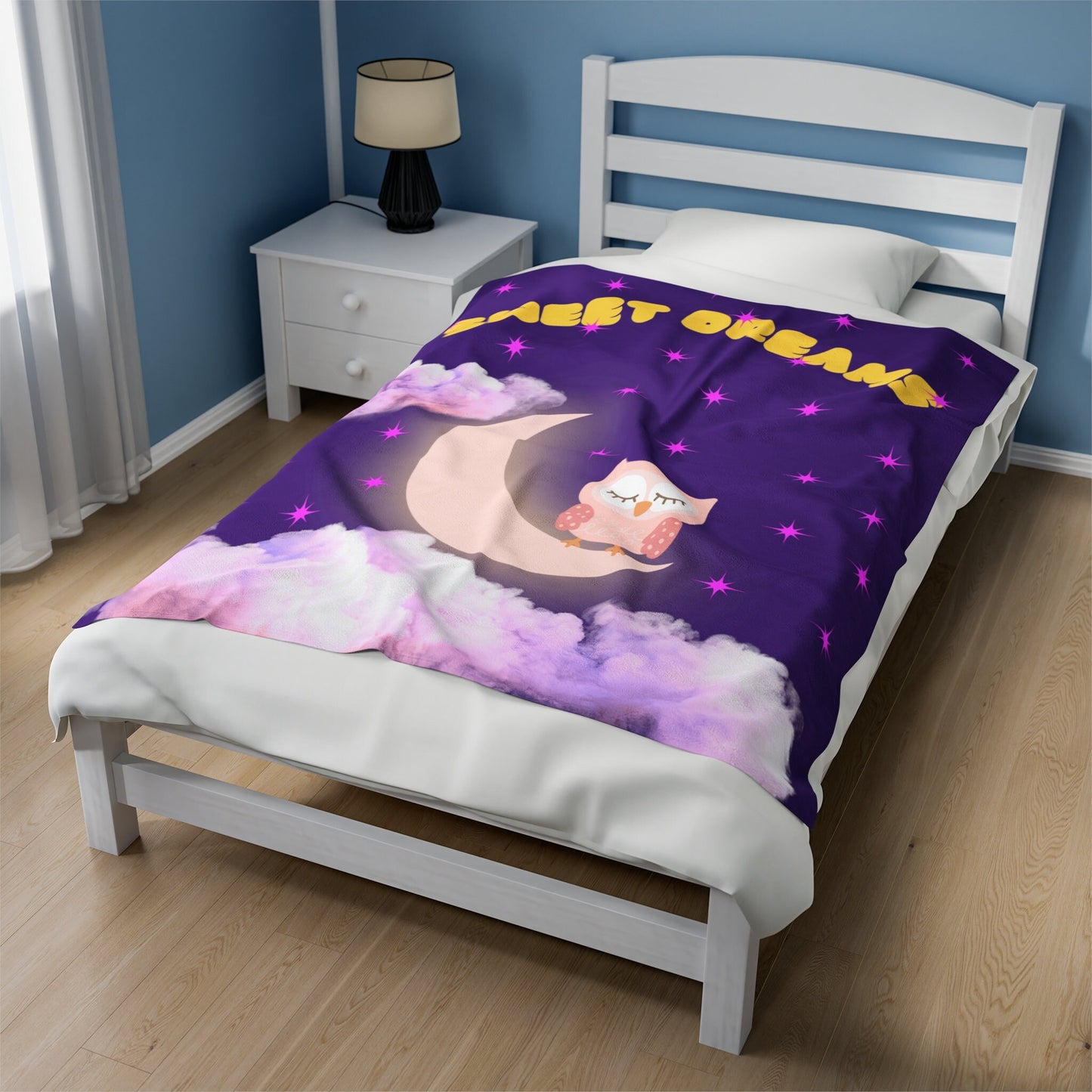 gorgeous purple velveteen plush blanket. features the words Sweet Dreams in a soft yellow Font over a star lit sky. A cute owl sits on a crescent moon as the clouds float by.  Perfect for you kids room or nursery.  www.scorpiontees.etsy.com