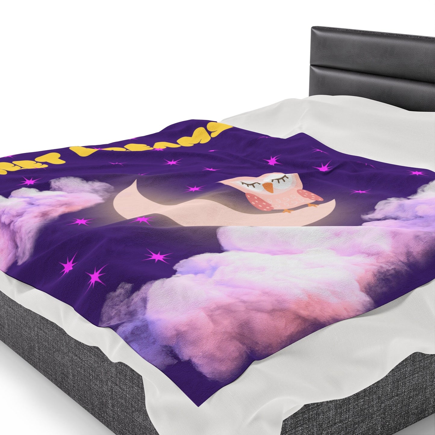Velveteen Plush Blanket, Cute Sweet Dreams blanket with owl on the moon on star lit sky. Purple Night sky owl cuddly blanket. kids blanky