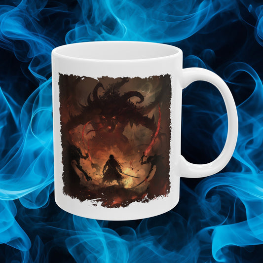 Demon Hunter Coffee Mug, Demon Slayer Sword Fight Teacup, Underworld Man Versus Monster Battle Mug, Defending humanity against evil Mug