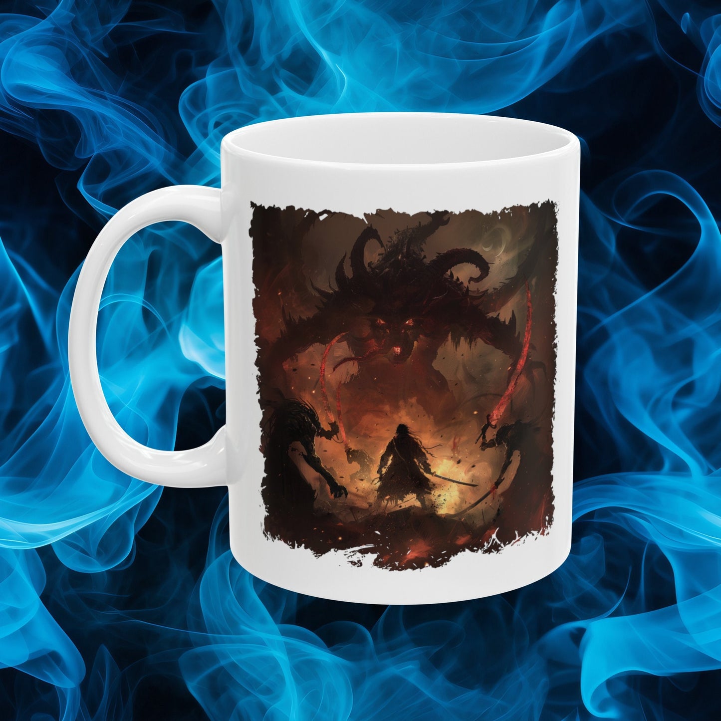 Demon Hunter Coffee Mug, Demon Slayer Sword Fight Teacup, Underworld Man Versus Monster Battle Mug, Defending humanity against evil Mug