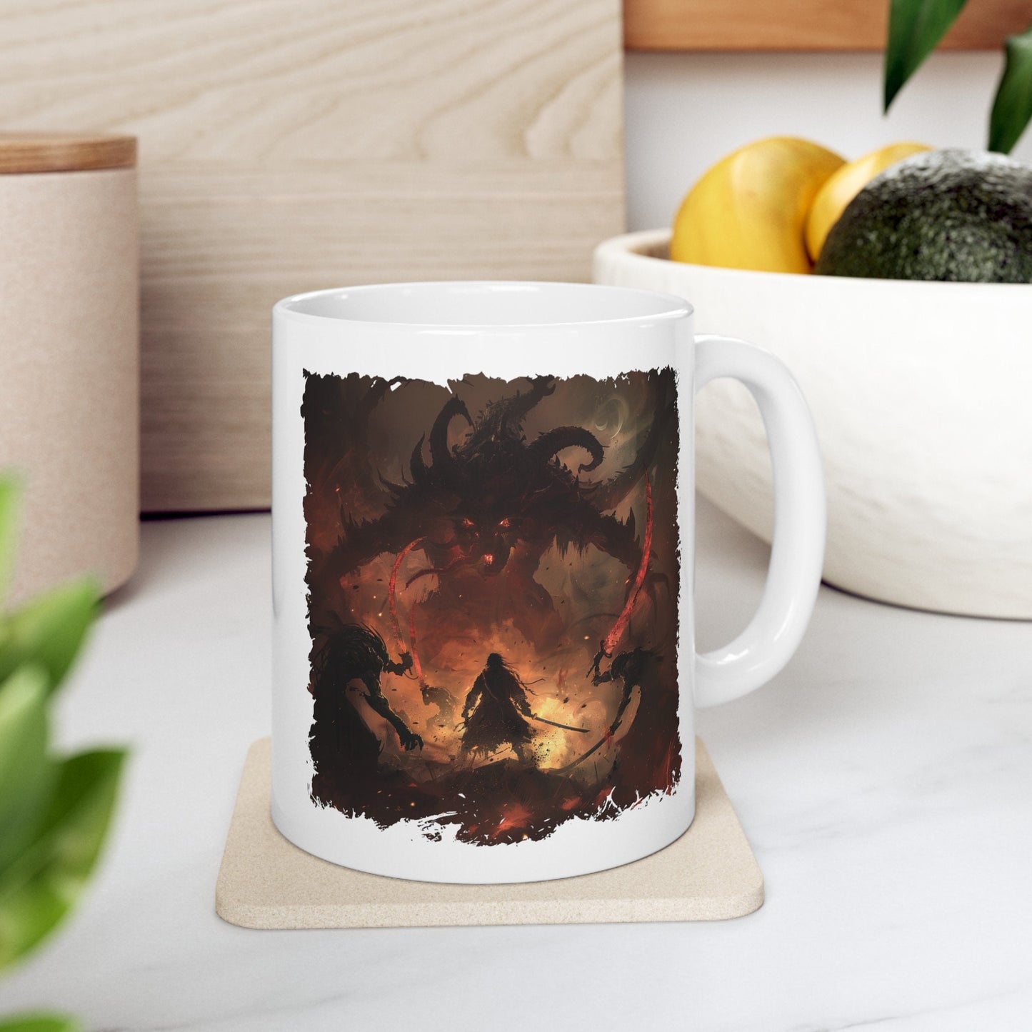 Demon Hunter Coffee Mug, Demon Slayer Sword Fight Teacup, Underworld Man Versus Monster Battle Mug, Defending humanity against evil Mug