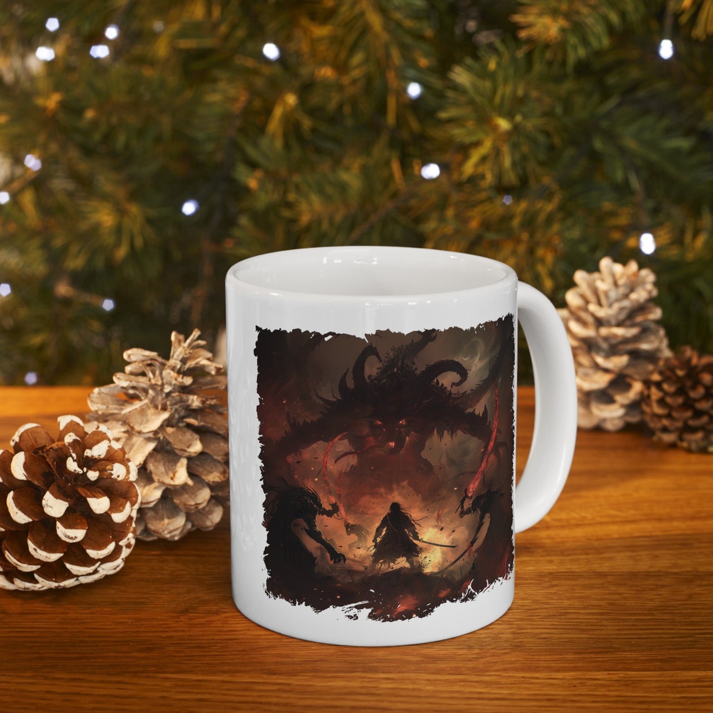 Demon Hunter Coffee Mug, Demon Slayer Sword Fight Teacup, Underworld Man Versus Monster Battle Mug, Defending humanity against evil Mug