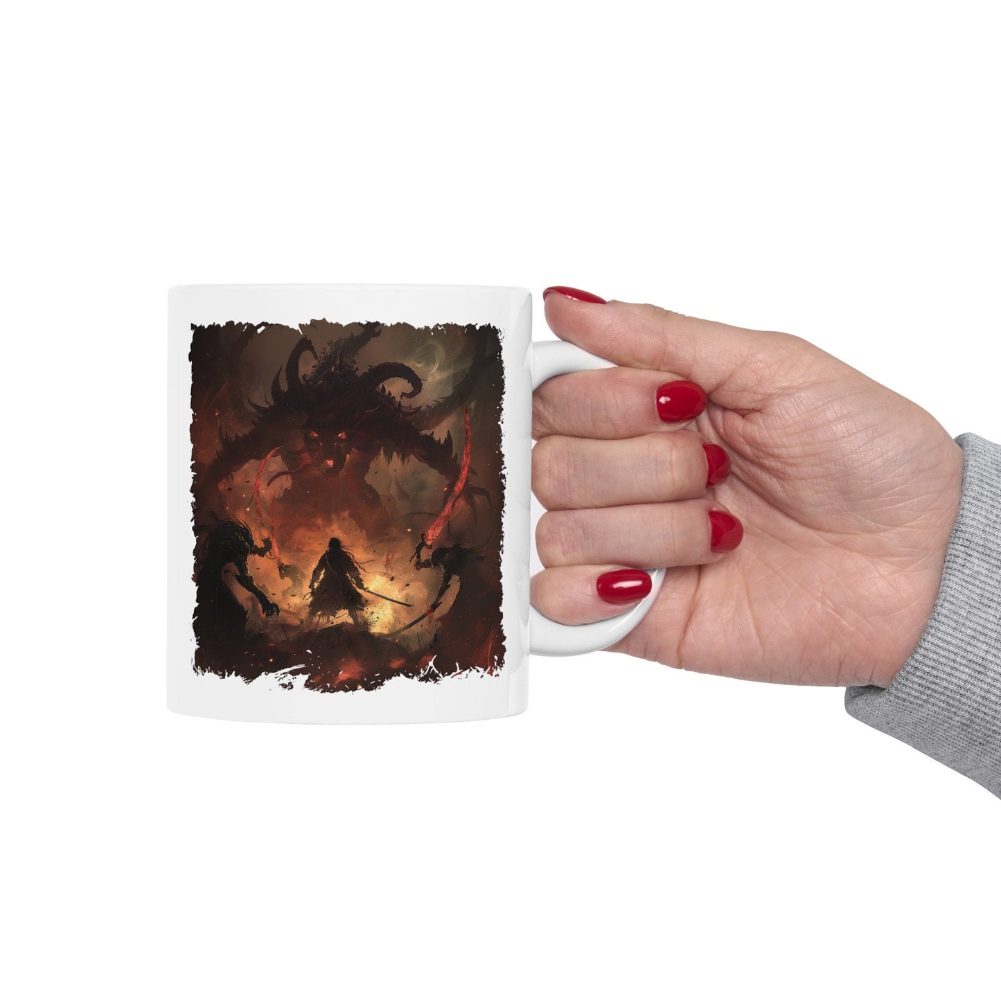 Demon Hunter Coffee Mug, Demon Slayer Sword Fight Teacup, Underworld Man Versus Monster Battle Mug, Defending humanity against evil Mug