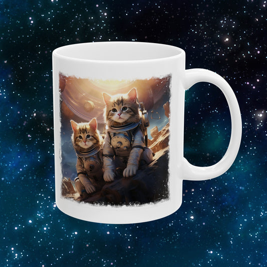 Kittens in Space Coffee Mug, Astronaut Cats Mug, Cats Exploring foreign Planet teacup. Curious Space cats on an alien world Mug,