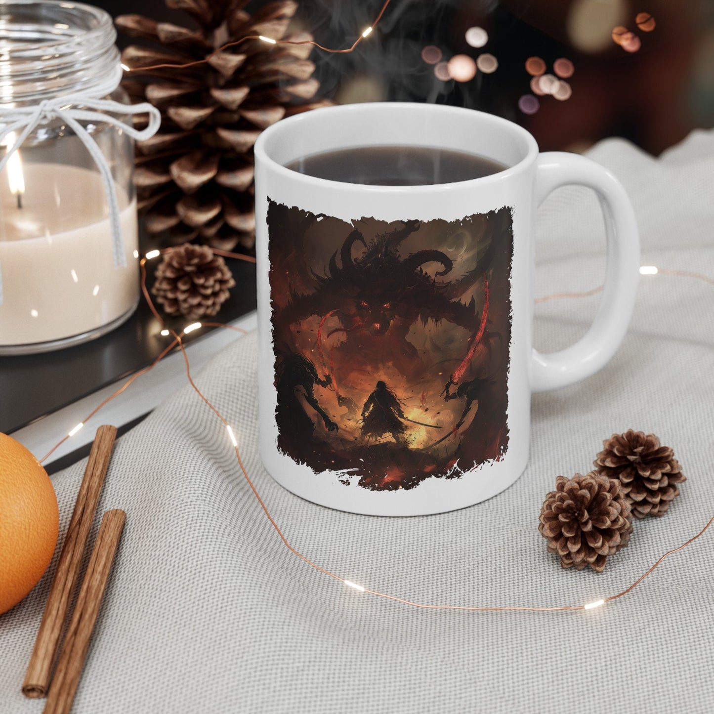 Demon Hunter Coffee Mug, Demon Slayer Sword Fight Teacup, Underworld Man Versus Monster Battle Mug, Defending humanity against evil Mug