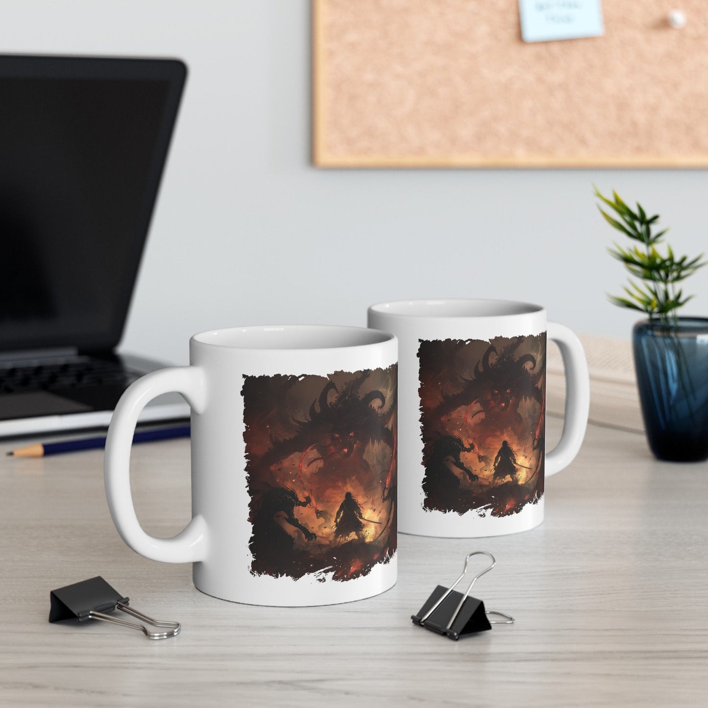 Demon Hunter Coffee Mug, Demon Slayer Sword Fight Teacup, Underworld Man Versus Monster Battle Mug, Defending humanity against evil Mug