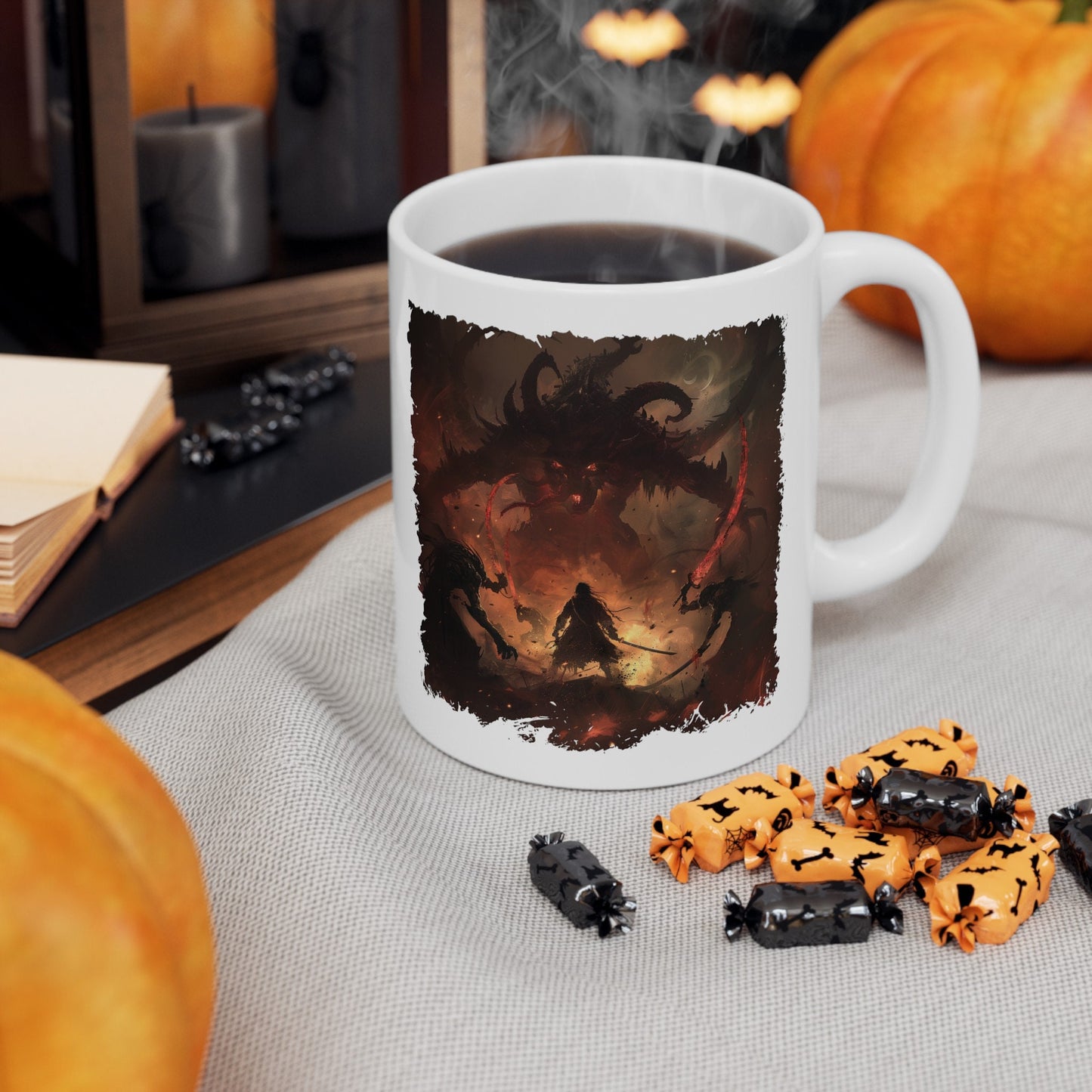 Demon Hunter Coffee Mug, Demon Slayer Sword Fight Teacup, Underworld Man Versus Monster Battle Mug, Defending humanity against evil Mug