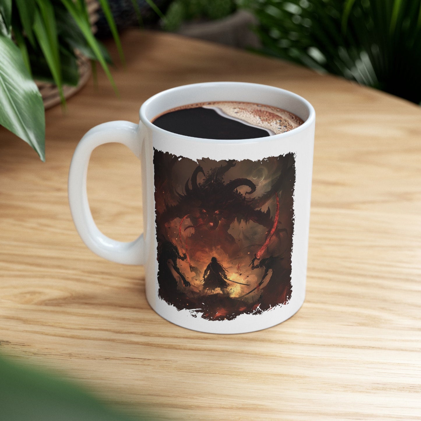 Demon Hunter Coffee Mug, Demon Slayer Sword Fight Teacup, Underworld Man Versus Monster Battle Mug, Defending humanity against evil Mug