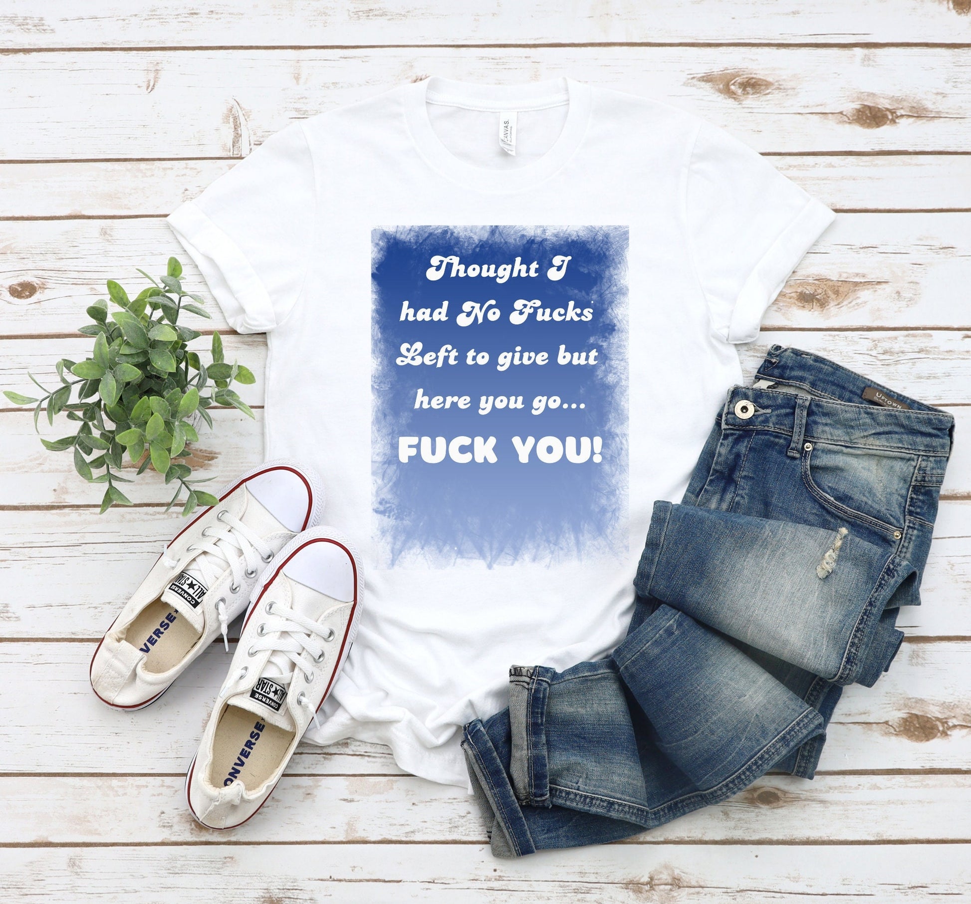 Awesome shirt. Design has blue backdrop with a grunge border.  The words on the design say Thought I had no fucks to give but here you go.  Fuck You! font color is white.
www.scorpiontees.etsy.com