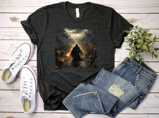 T shirt with an image of the grim reaper walking on the road to hell.  There are skeletons lining the side of the road and small fires between them.  The sky is cloudy and eerie gray. www.scorpiontees.etsy.com