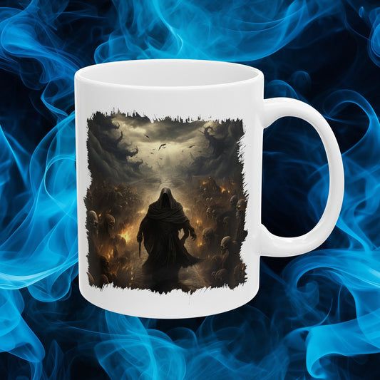 Grim Reaper Walking on Road to Hell with Skeletons Coffee Mug, Gothic Horror Graphic Cup, Dark Fantasy Art Drinkware