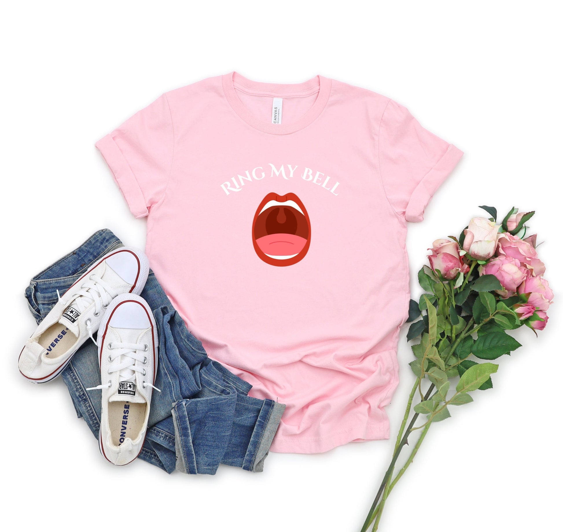 Funny and Naughty t Shirt with the words Ring My Bell written on a Curve.  Beneath the words is image of an Open Mouth With the Uvula visible.  The Uvula symbolizes the bell to be rung.  www.scorpiontees.etsy.com