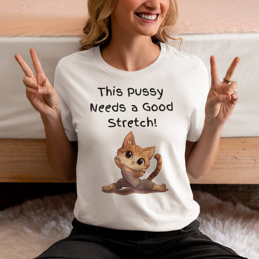 Bella and Canvas 3001 T Shirt with the Words This pussy needs a good stretch in finger paint font. Below the words there is a Cartoon cat stretching doing a split. Hilarious sexy shirt while stylish and comfortable