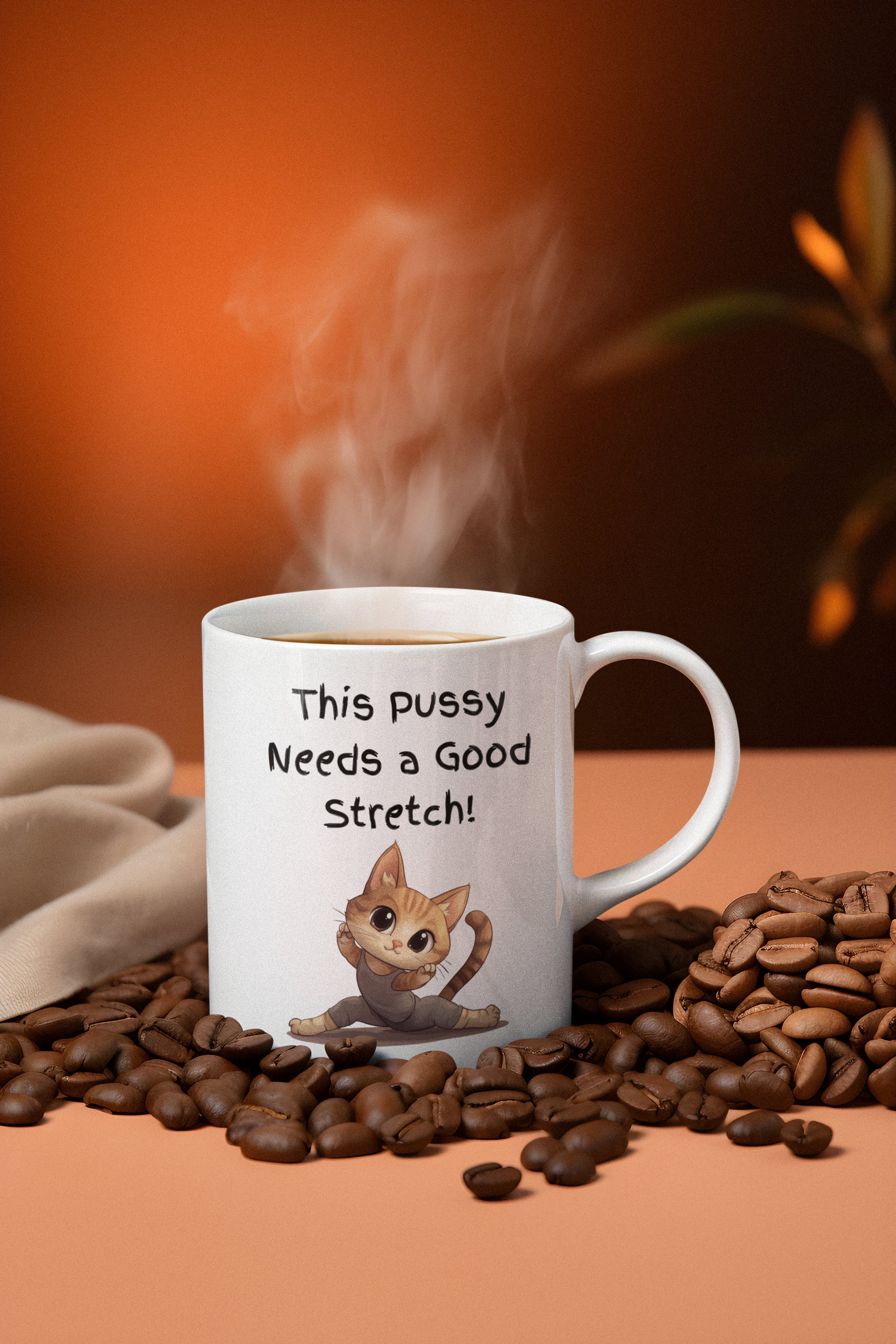 White Ceramic 11oz coffee mug with the Words This pussy needs a good stretch in finger paint font. Below the words there is a Cartoon cat stretching doing a split. Hilarious sexy mug for you coffee tea or favorite drink 
www.scorpiontees.etsy.com