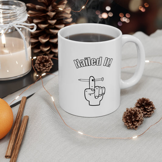 Nailed it coffee mug, Nail through finger coffee mug, Handyman coffee mug, carpenters nailed it coffee mug, project completing coffee mug