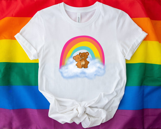 Cute bears hugging on cloud shirt, Cute bears in sky hugging tee, bears in a loving embrace under rainbow T shirt, loving bears cute shirt