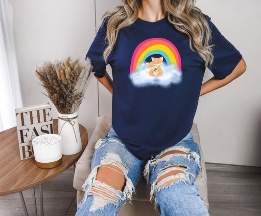 Cute fox hugging on cloud shirt, Cute fox in sky hugging tee, fox in a loving embrace under rainbow T shirt, loving fox cute shirt