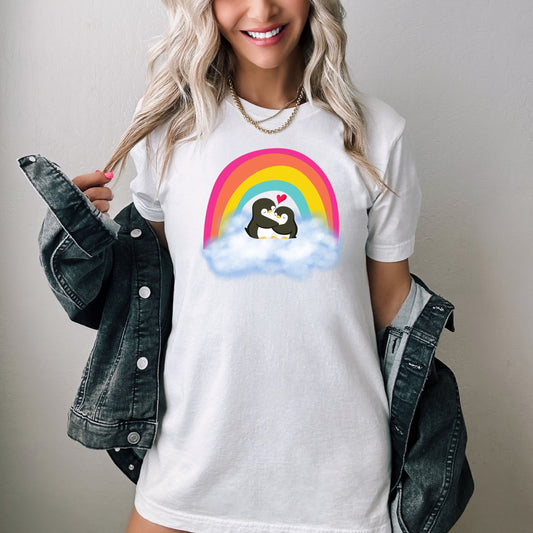 Cute penguins hugging cloud shirt, Cute penguin in sky hugging tee, penguins loving embrace under rainbow T shirt, loving penguin cute shirt