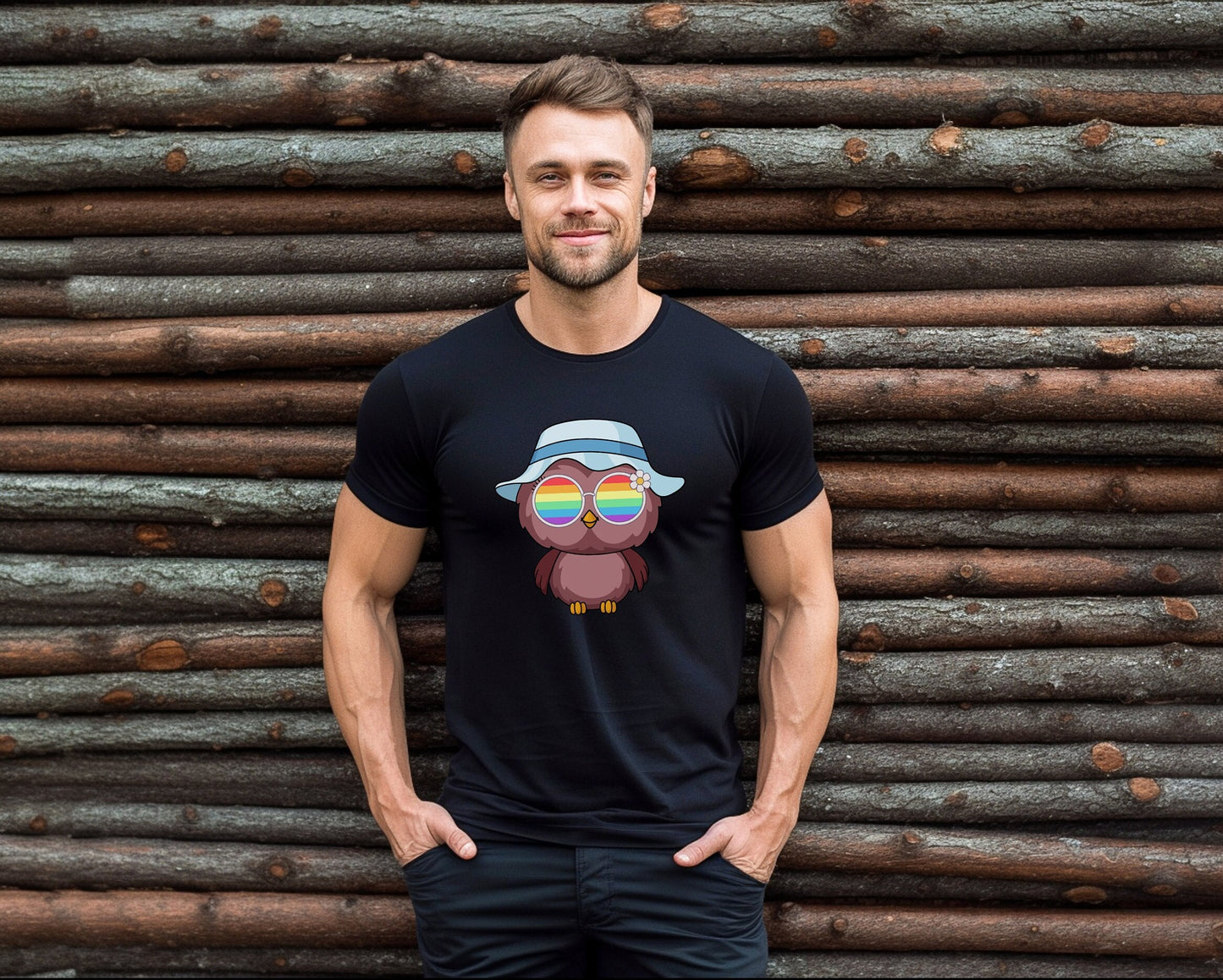 Super cute owl with rainbow glasses shirt blue hat, Rainbow glasses on an adorable owl, precious owl showing off pride. Beautiful pride owl