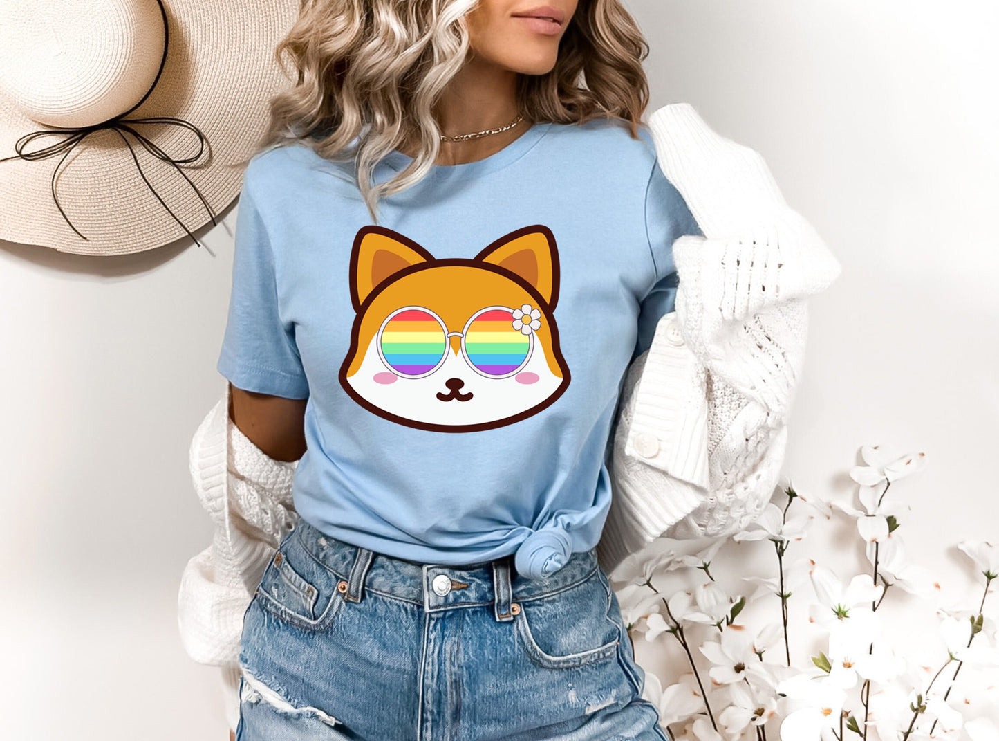 Super cute fox with rainbow glasses shirt blue hat, Rainbow glasses on an adorable fox, precious fox showing off pride. Beautiful pride fox