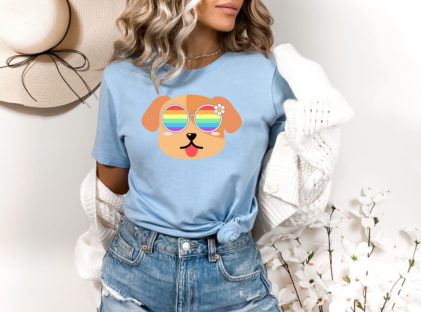Super cute dog with rainbow glasses shirt blue hat, Rainbow glasses on an adorable dog, precious dog showing off pride. Beautiful pride dog