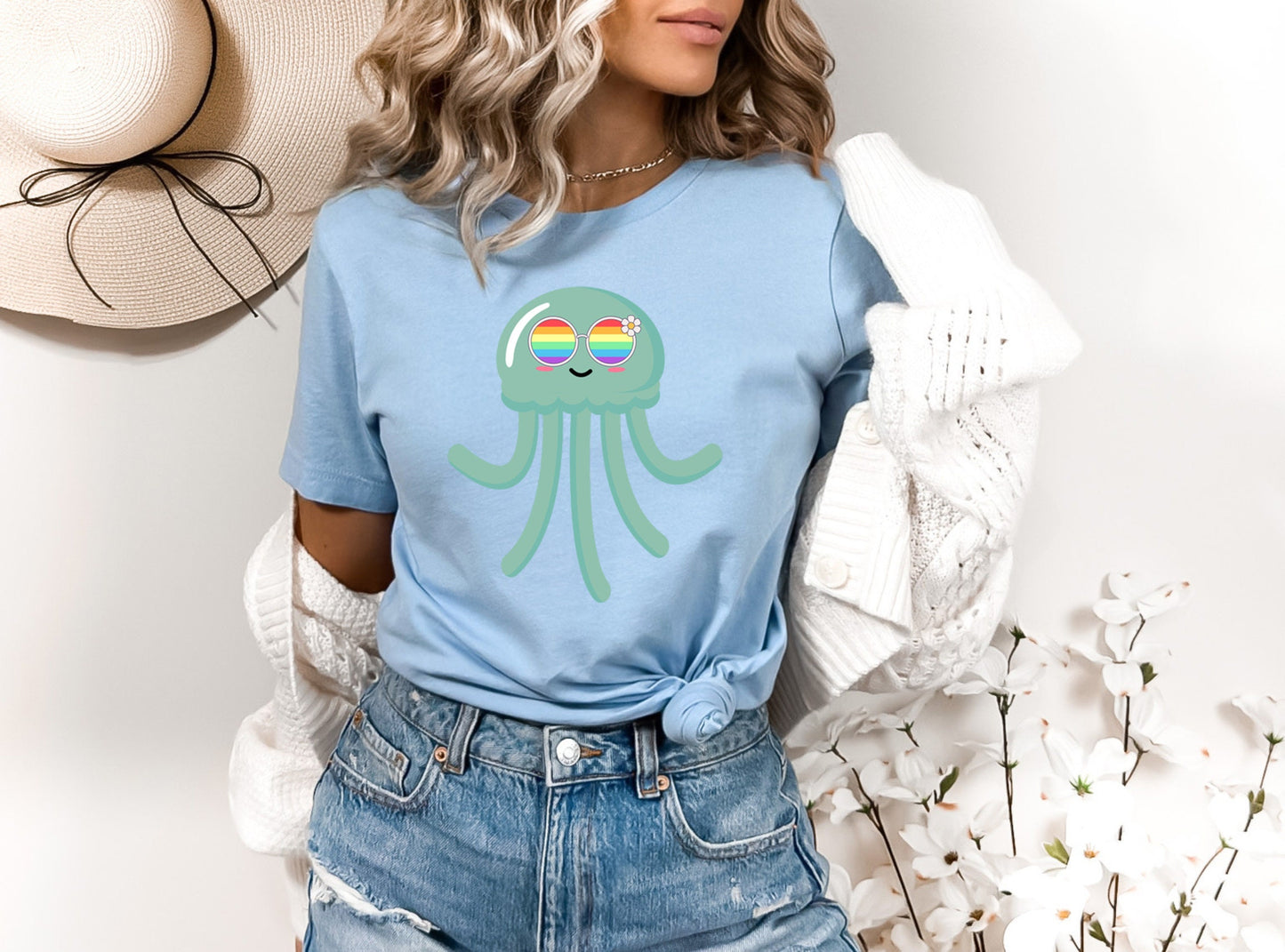 cute jellyfish rainbow glasses shirt, Rainbow glasses adorable jellyfish, precious jellyfish showing off pride. Beautiful pride jellyfish