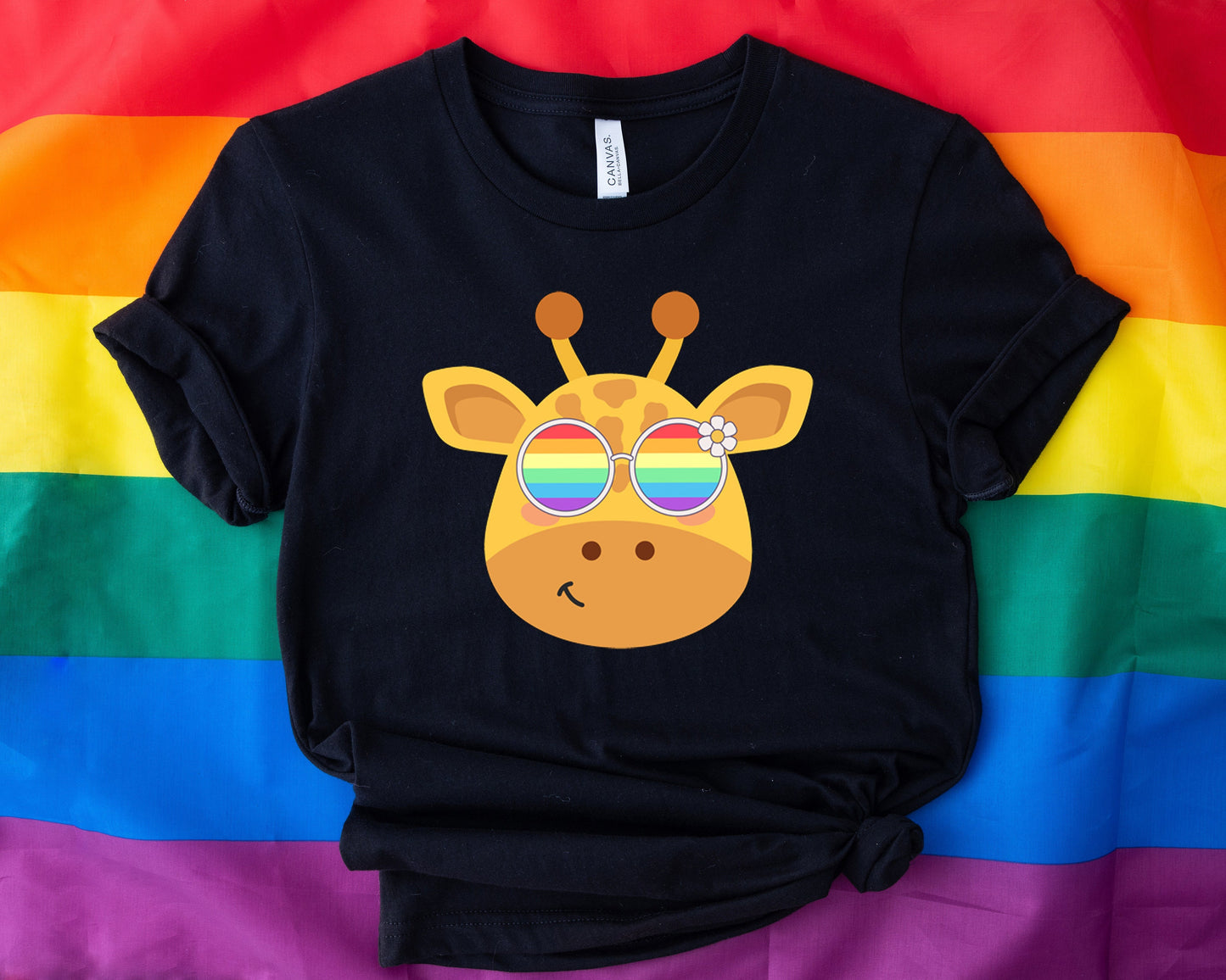 cute giraffe with rainbow glasses shirt, Rainbow glasses on an adorable giraffe, precious giraffe showing off pride. Beautiful pride giraffe