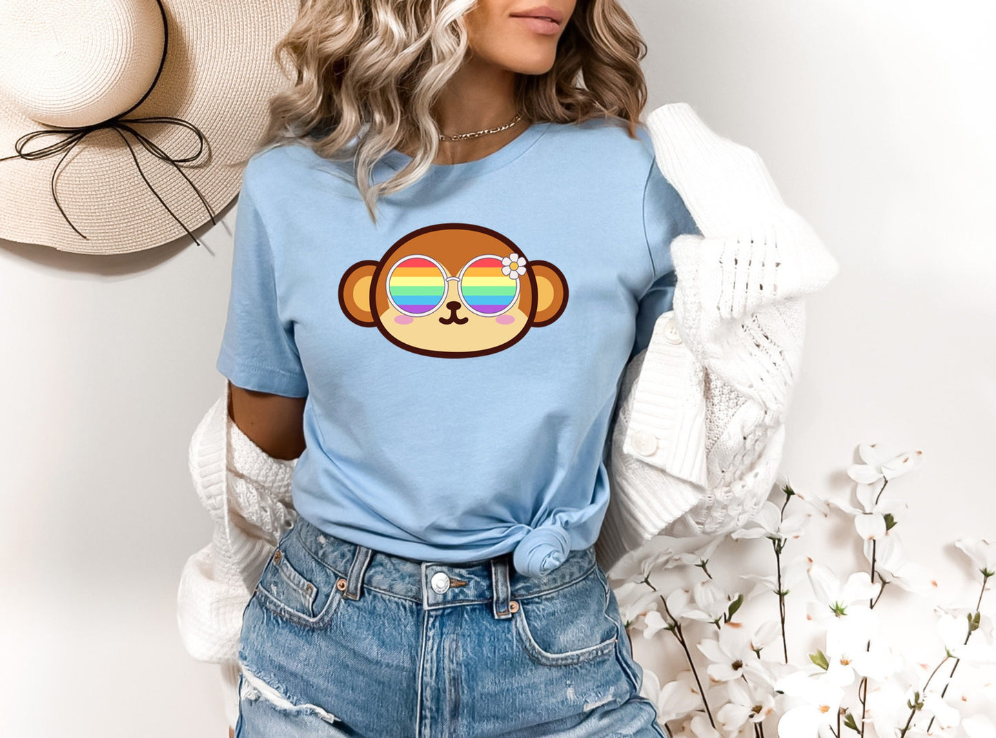 cute monkey rainbow glasses shirt blue hat, Rainbow glasses on an adorable monkey, precious monkey showing off pride. Beautiful pride monkey