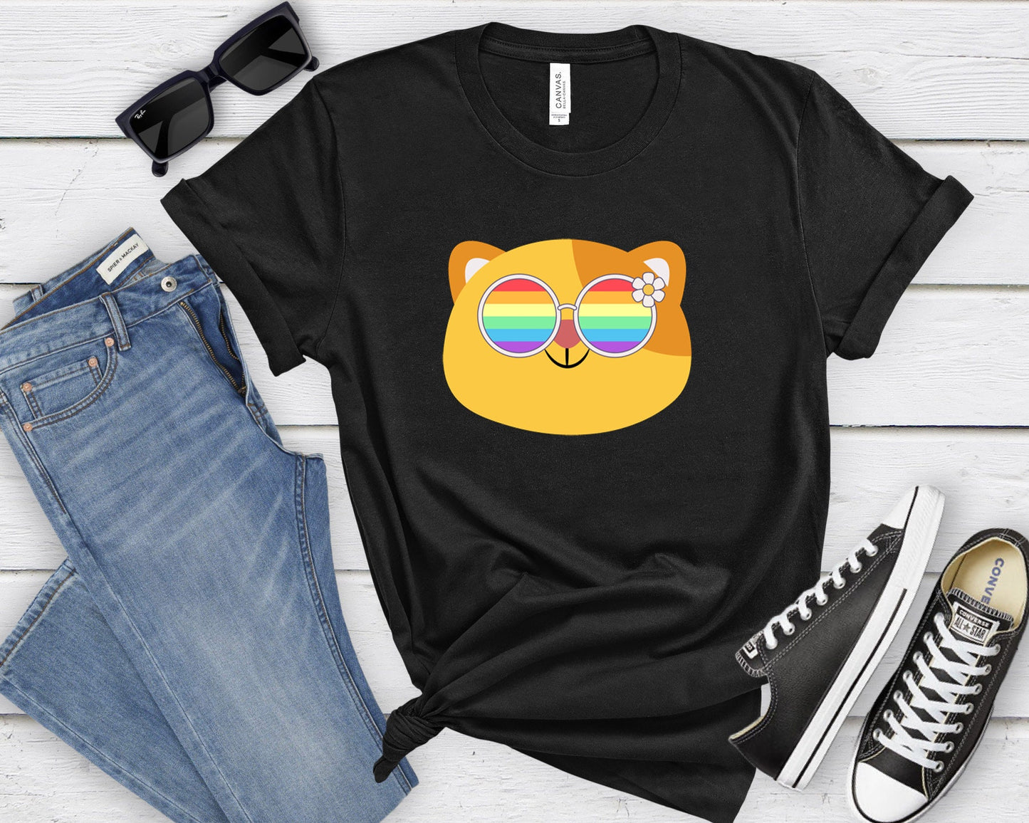 Super cute cat with rainbow glasses shirt blue hat, Rainbow glasses on an adorable cat, precious cat showing off pride. Beautiful pride cat