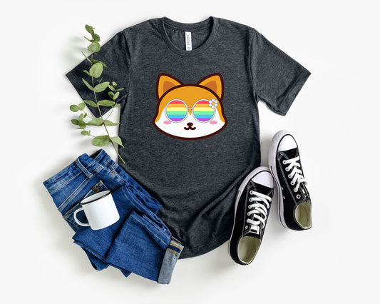 Super cute fox with rainbow glasses shirt blue hat, Rainbow glasses on an adorable fox, precious fox showing off pride. Beautiful pride fox