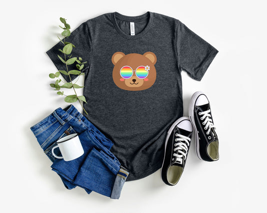 cute bear with rainbow glasses shirt blue hat, Rainbow glasses on an adorable bear, precious bear showing off pride. Beautiful pride bear