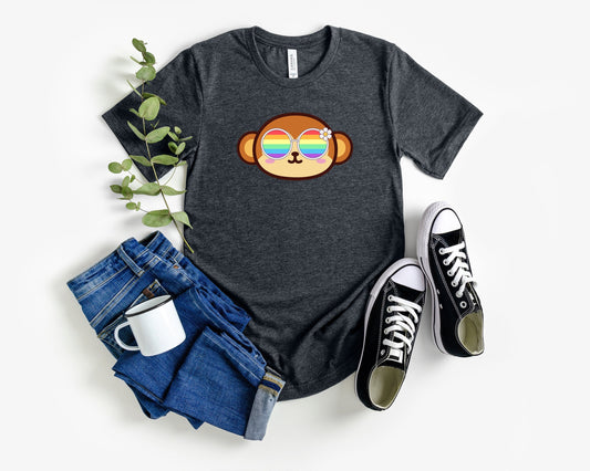 cute monkey rainbow glasses shirt blue hat, Rainbow glasses on an adorable monkey, precious monkey showing off pride. Beautiful pride monkey