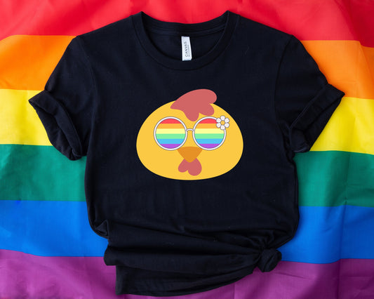 cute chicken with rainbow glasses shirt, Rainbow glasses on an adorable chicken, precious chicken showing off pride. Beautiful pride chicken