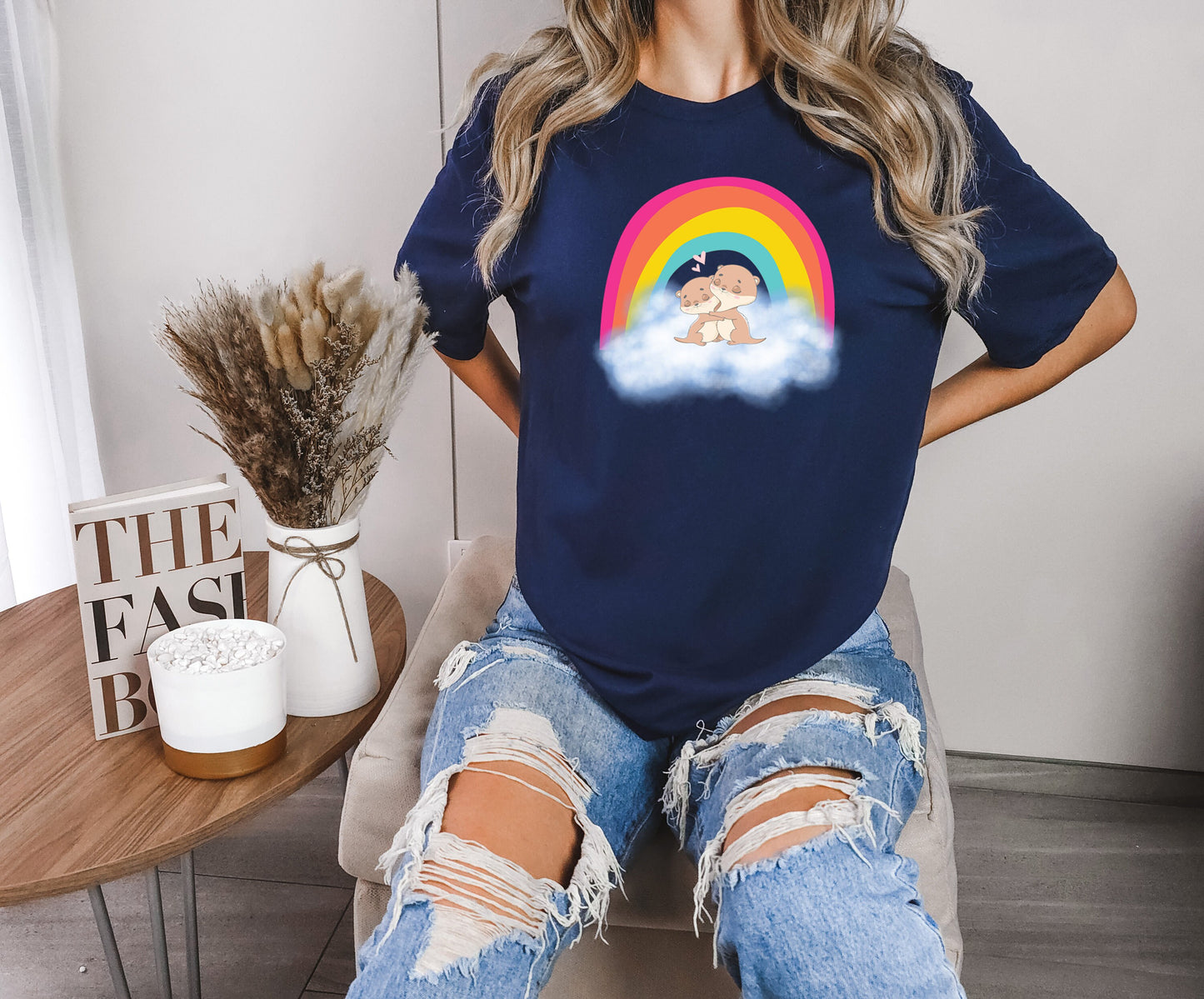 Cute otter hugging on cloud shirt, Cute otter in sky hugging tee, otters in a loving embrace under rainbow T shirt, loving otter cute shirt