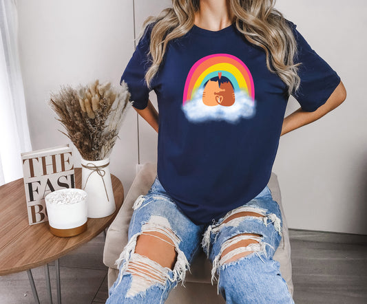 Cute cats hugging on cloud shirt, Cute cats in sky hugging tee, cats in a loving embrace under rainbow T shirt, loving cats cute shirt