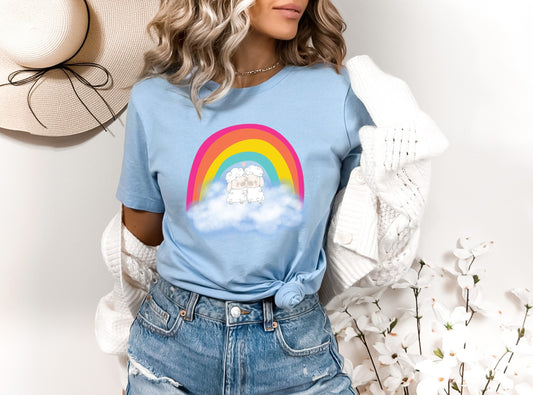 Cute sheep hugging on cloud shirt, Cute sheep in sky hugging tee, sheep in a loving embrace under rainbow T shirt, loving sheep cute shirt