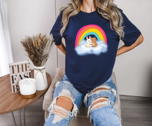 Cute bunny hugging on cloud shirt, Cute bunny in sky hugging tee, bunny bear loving embrace under rainbow T shirt, loving bunny cute shirt