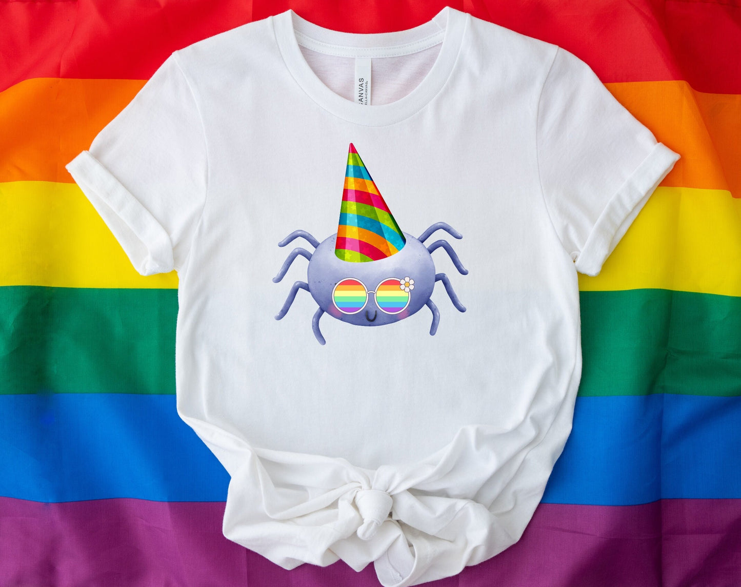 cute spider with rainbow glasses shirt blue hat, Rainbow glasses adorable spider, precious spider showing off pride. Beautiful pride spider