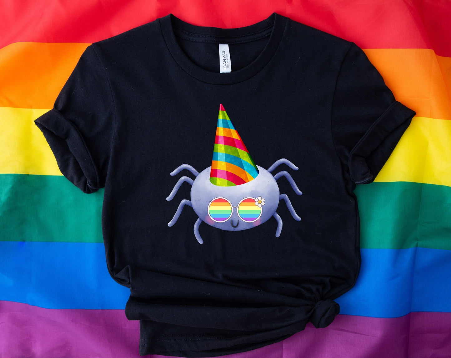 cute spider with rainbow glasses shirt blue hat, Rainbow glasses adorable spider, precious spider showing off pride. Beautiful pride spider