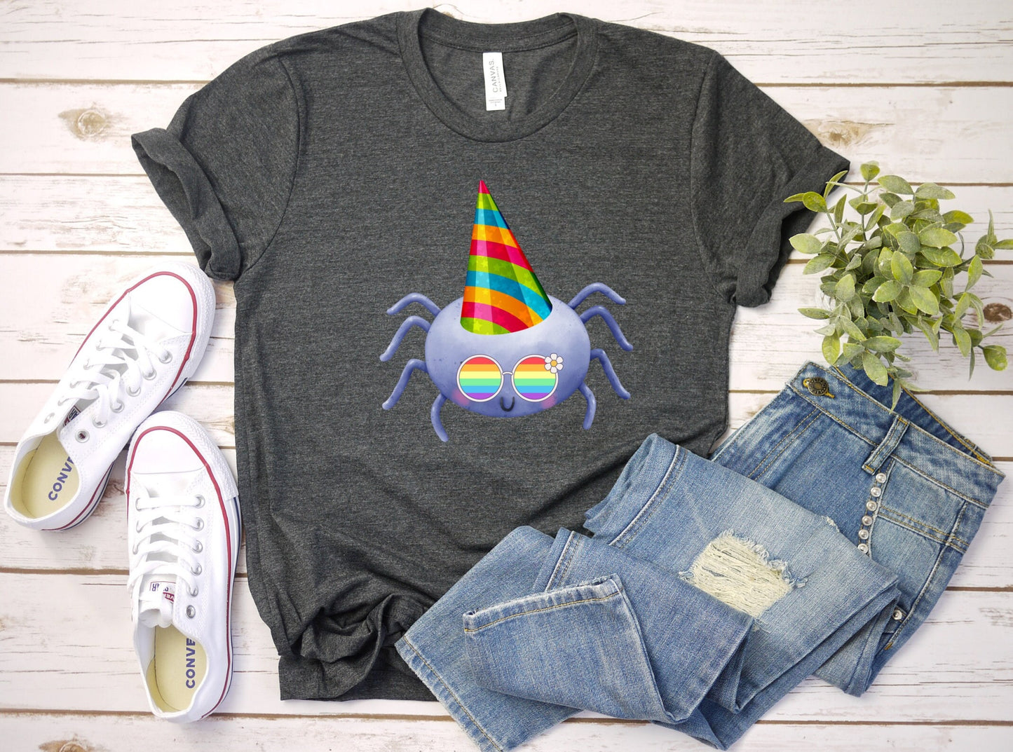 cute spider with rainbow glasses shirt blue hat, Rainbow glasses adorable spider, precious spider showing off pride. Beautiful pride spider