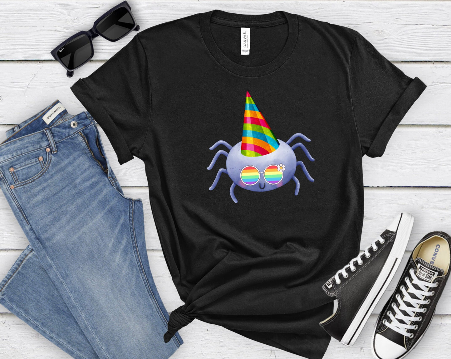 cute spider with rainbow glasses shirt blue hat, Rainbow glasses adorable spider, precious spider showing off pride. Beautiful pride spider