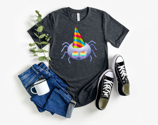 cute spider with rainbow glasses shirt blue hat, Rainbow glasses adorable spider, precious spider showing off pride. Beautiful pride spider