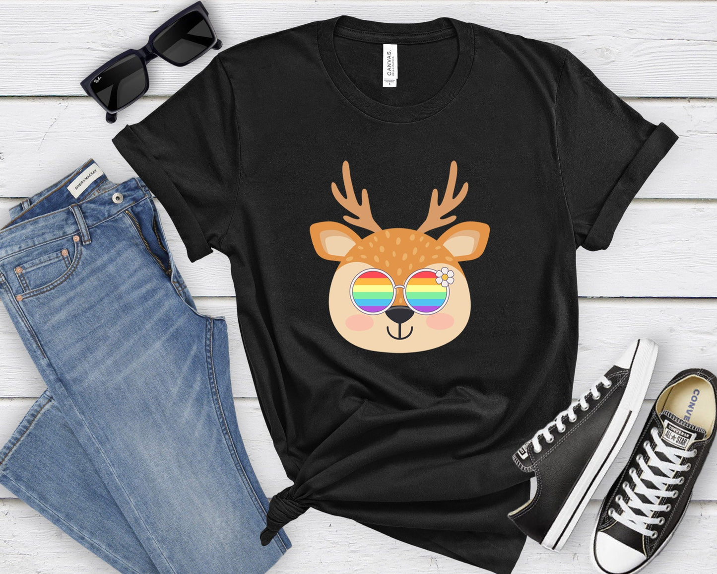 cute Reindeer rainbow glasses shirt, Rainbow glasses on an adorable reindeer, precious reindeer showing off pride. Beautiful pride reindeer