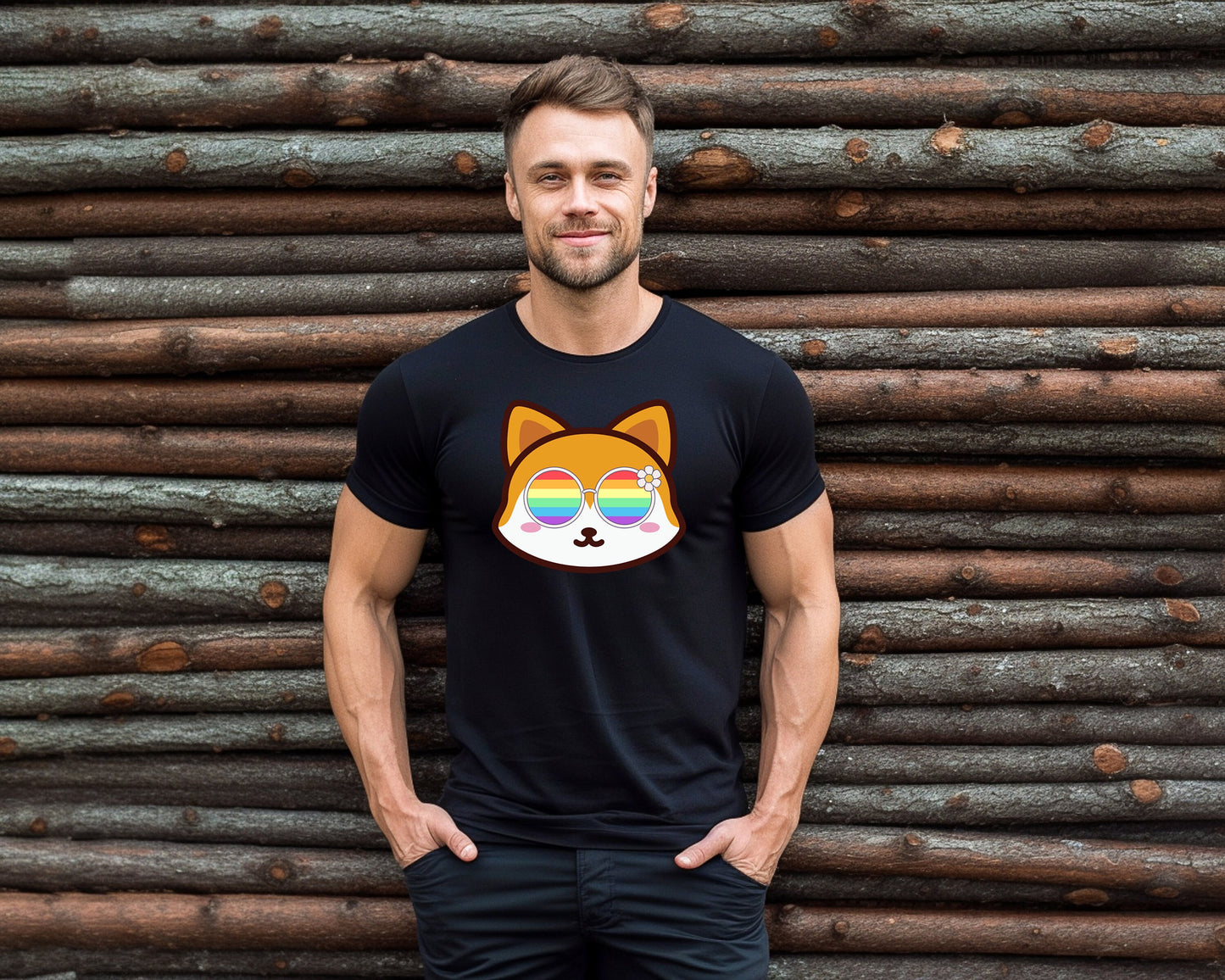 Super cute fox with rainbow glasses shirt blue hat, Rainbow glasses on an adorable fox, precious fox showing off pride. Beautiful pride fox