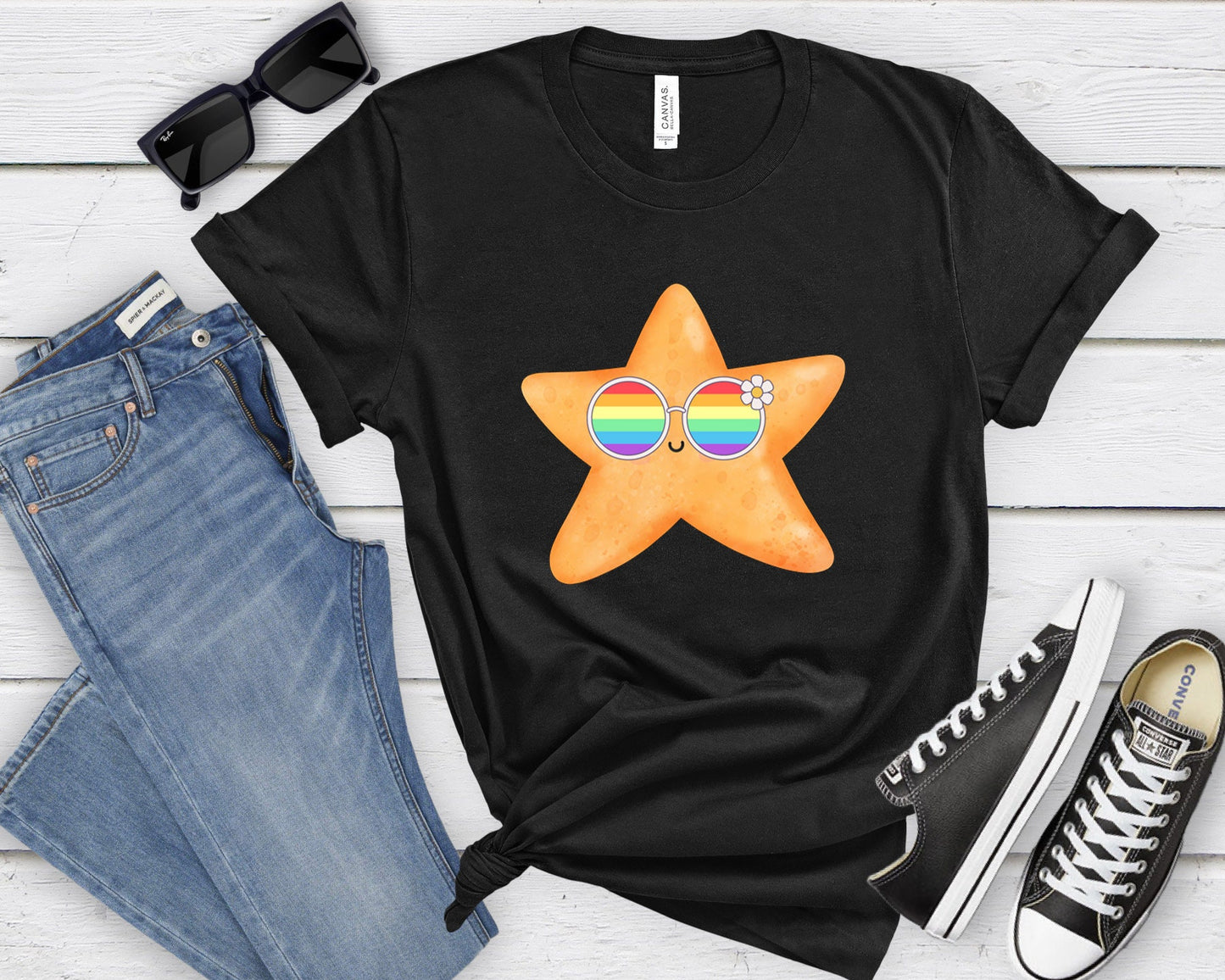 cute starfish rainbow glasses shirt, Rainbow glasses on an adorable starfish, precious starfish showing off pride. Beautiful pride starfish