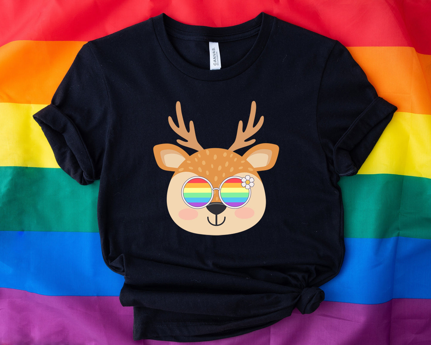 cute Reindeer rainbow glasses shirt, Rainbow glasses on an adorable reindeer, precious reindeer showing off pride. Beautiful pride reindeer