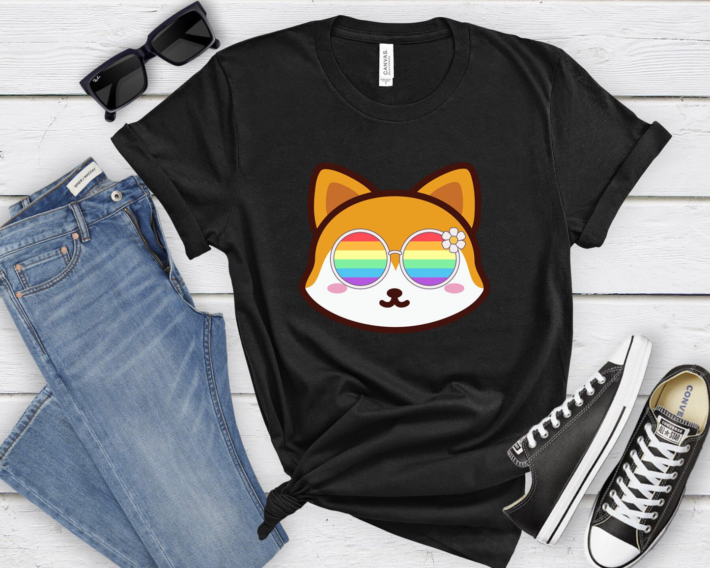 Super cute fox with rainbow glasses shirt blue hat, Rainbow glasses on an adorable fox, precious fox showing off pride. Beautiful pride fox