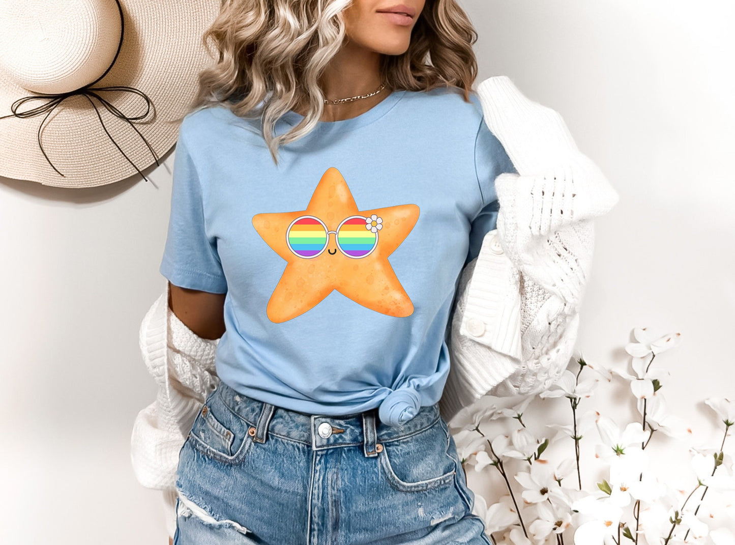 cute starfish rainbow glasses shirt, Rainbow glasses on an adorable starfish, precious starfish showing off pride. Beautiful pride starfish