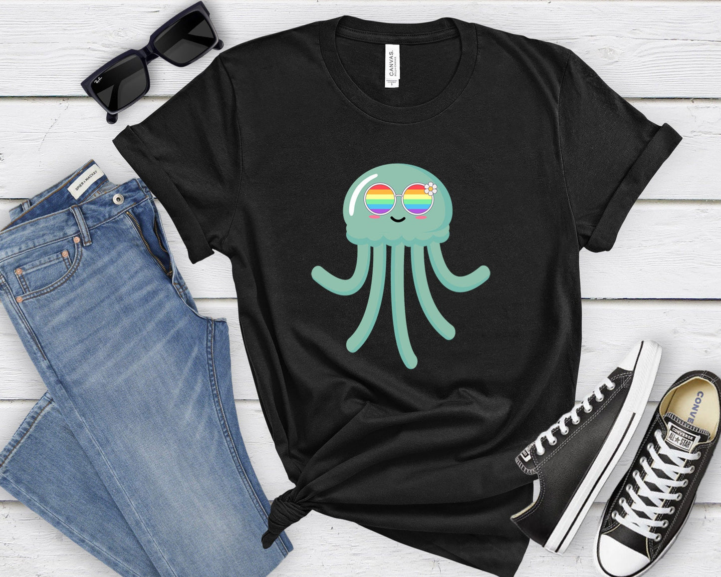 cute jellyfish rainbow glasses shirt, Rainbow glasses adorable jellyfish, precious jellyfish showing off pride. Beautiful pride jellyfish