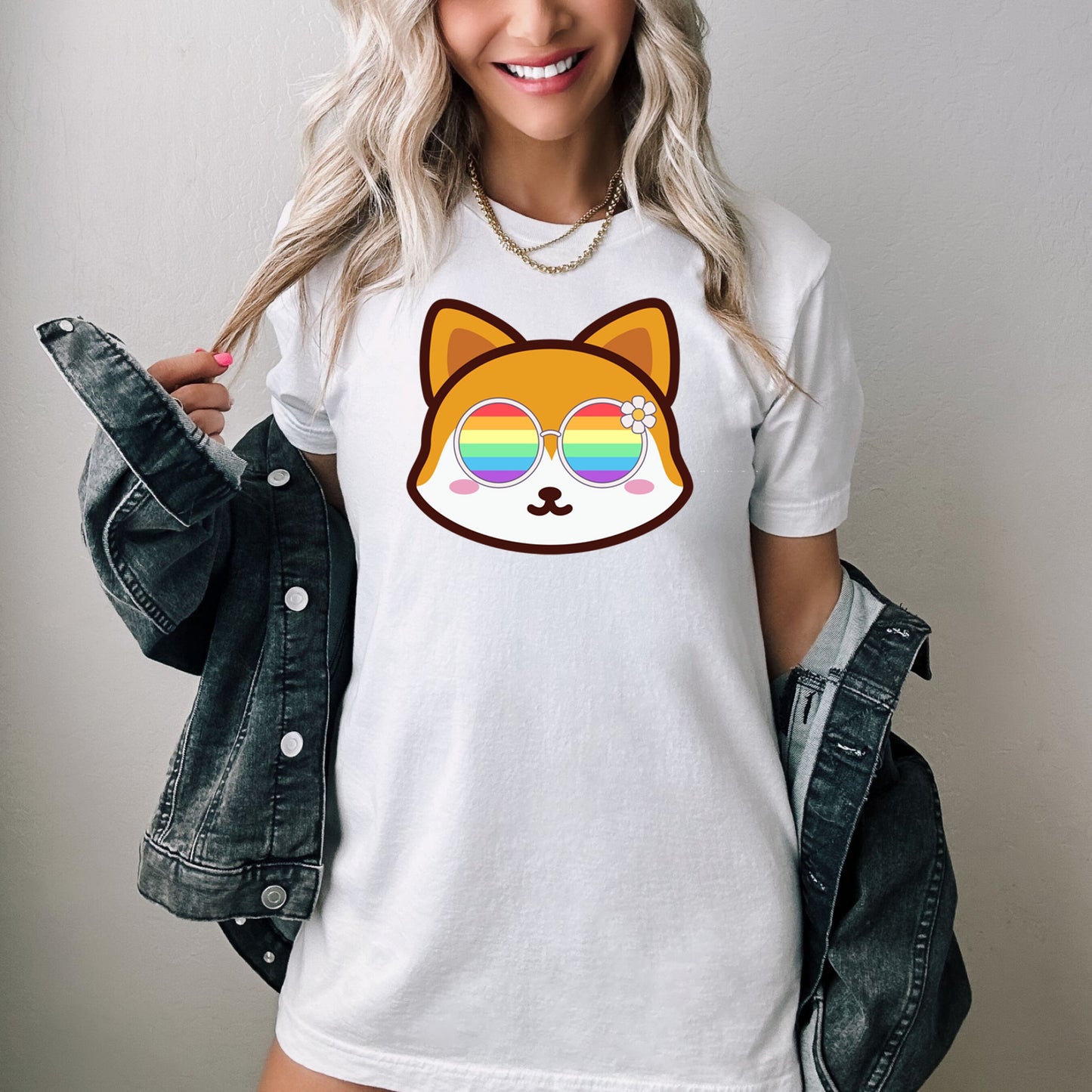 Super cute fox with rainbow glasses shirt blue hat, Rainbow glasses on an adorable fox, precious fox showing off pride. Beautiful pride fox